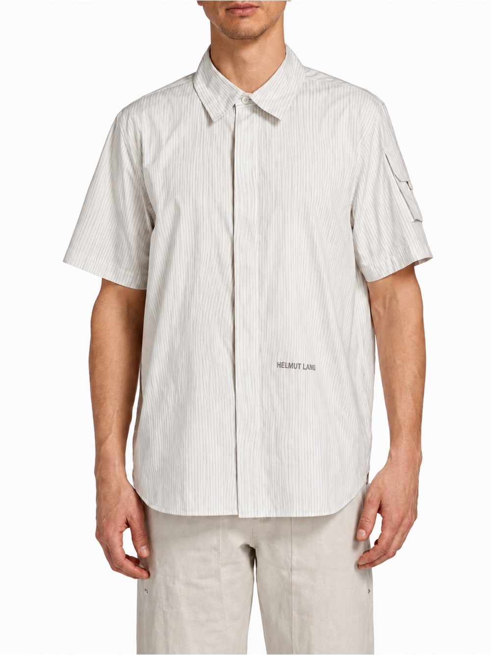 Helmut Lang Men’s Striped Short Sleeve Cargo Shirt White- Large